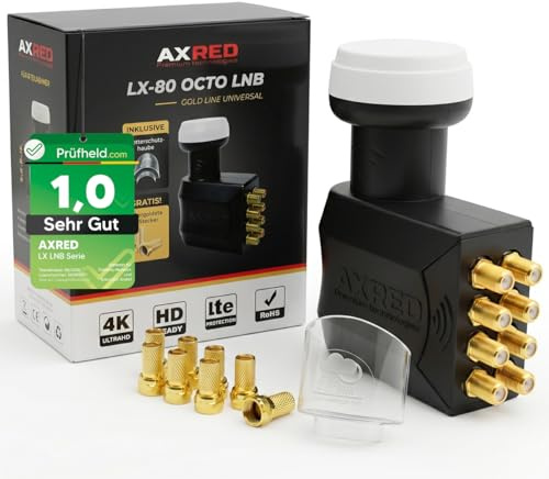 [ Test SEHR GUT, Note 1.0 *] AXRED Octo LNB + Wetterkappe + 8X F-Stecker, Digital 8Fach 4K HD LMB für 8 Teilnehmer mit Wetterschutz Abdeckung, für Fernseher Sat Receiver Satellitenschüssel