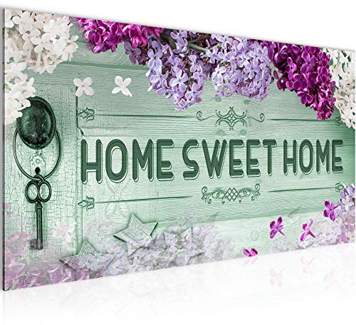 Runa Art Wandbild Home Sweet Home 1 Teilig 100 x 40 cm Modern Bild auf Vlies Leinwand Mit Spruch Wohnzimmer Grün Lila 503712b