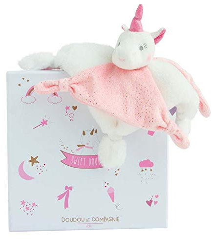 DOUDOU ET COMPAGNIE - Doudou Plat Carré Licorne - 22 cm - Rose & Blanc - Collection Lucie La Licorne - Tout Doux Pour Bébé - Boite Cadeau - Idée Cadeau Naissance - Garantie Doudou Perdu - DC3277
