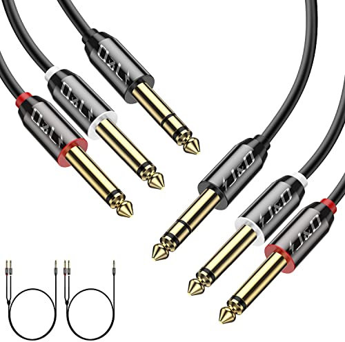 J&D 2-Pack Cable Jack a Doble Jack, Chapado en Oro [Cáscara de Cobre] [Heavy Duty] 6,35mm Macho TRS a Doble 6,35 mm Macho TS Audio Cable de inserción Mono Y Divisor Estéreo Adaptador, 0.9 Meter