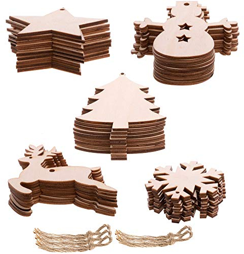Amacoam Weihnachtsanhänger Holz Holzanhänger Weihnachten zum Bemalen Weihnachtsbaum Deko DIY Handwerk Dekoration mit Schnur für Verzierungen Neujahr Valentinstag Weihnachtsbaum Weihnachtsdeko 50 Stück