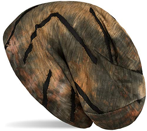 styleBREAKER Unisex Beanie Mütze mit Batik Verlauf Muster und Rissen im Destroyed Look, Slouch Longbeanie 04024173, Farbe:Oliv-Hellbraun