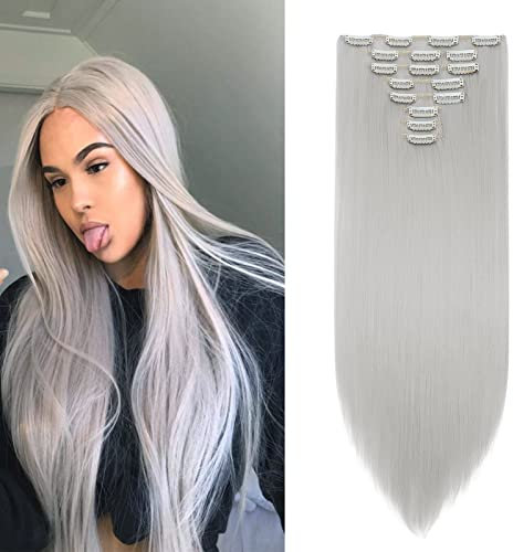 Cybelleza Clip in Extensions 8 Teile Set Haarteil Haarverlängerung Glatt Haarverdichtung wie Echthaar Kunsthaare Haare Voluminös Hitzebeständig Lang, Hellgrau