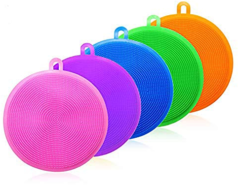 HosDen Kitchen Silicone Sponge, 5 Pieces BAP Free Silicone Pads Anti-Bacterial Non-Scratch Dish Washing Scrubber Pot Holder Multipurpose Sponges for Cleaning Vegetable Kitchen Utensils (circular)