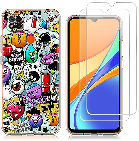 Hülle kompatibel mit Xiaomi Redmi 9C / 9C NFC / 10A,Weich Transparent TPU Handyhülle Schutzhülle mit Zwei Gehärtetes Glas Schutzfolie Displayschutzfolie für Xiaomi Redmi 9C / 9C NFC / 10A