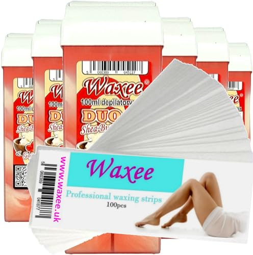 Roll on wax roller wax cartridge 100ml- Waxee DUO wax refill 6pcs+ 100 waxing strips (DUO- Goji Berries & Shea Butter)