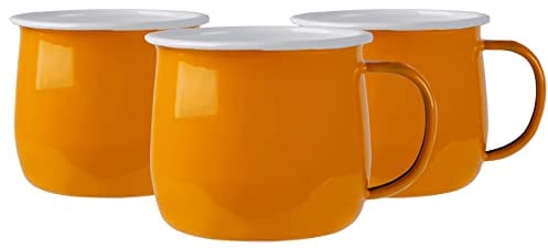 Argon Tableware Coloured Coffee Mugs - 375ml - Pack of 6 - Yellow Metal Insulated Enamel Mugs Lightweight Camping Belly Latte Mug Hot Chocolate Mug