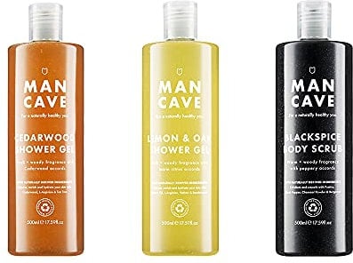 ManCave Shower Care Trio - Cedarwood Shower Gel 500ml + Lemon & Oak Shower Gel 500ml + BlackSpice Body Scrub 500ml