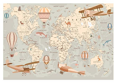 WallArena Papier Peint Intissé Chambre Enfant Carte du monde Animaux - Colle Incluse - Papier Peint Panoramique Pour Chambre de Bébé Prêt à Poser - Photo Non Tissé Muraux Trompe l'oeil (208x146 cm)