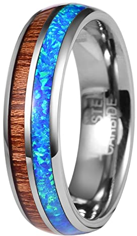 Corato 6mm Herren Damen Ring aus Wolframcarbid Friendship Partner ring mit Hawaii Koa Holz und Blau Opal Inlay Größe 58(18.5)