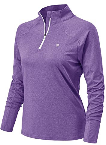 YSENTO Damen Laufshirt Langarm Sportshirt Schnelltrocknend Atmungsaktiv Yoga Gym Funktionsshirt mit 1/4 Reißverschluss(Violett,XL)