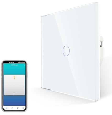 JIMEIDA Smart Touch Lichtschalter, Kein Neutralleiter Erforderlich, Alexa-Schalter Funktioniert mit Google Home, Weiß Schraubenlose Glasplatte, 1 Gang