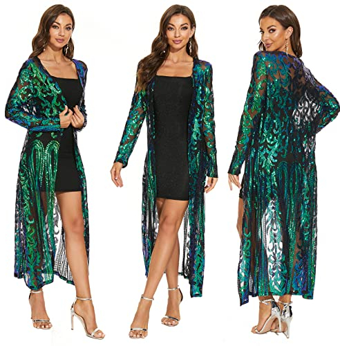 Women's Sequin Cardigan Summer Cover Up Dress Glitter Sparkle Open Front Coat Dresses Duster for Evening Prom, Green, XXXL