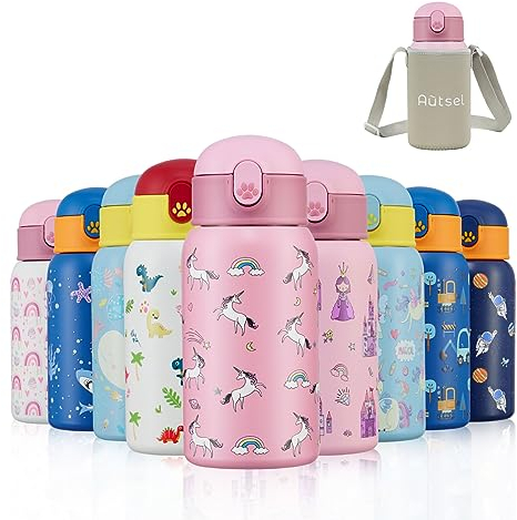 Autsel 500ml Gourde Isotherme Enfant avec Paille Bouteille Isotherme Étanche avec Sac Transport Licorne Gourde Bouteille d'eau en Acier Inoxydable sans BPA pour École Sport Maternelle