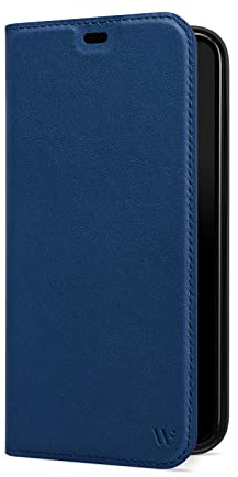 WIIUKA Hülle für iPhone 14 Pro, Leder aus Deutschland, mit Kartenfach, extra Dünn, Handyhülle mit Standfunktion, Tasche Blau