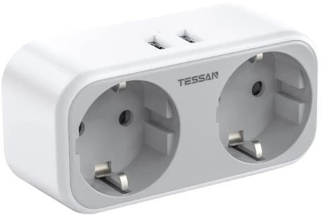 TESSAN Adaptador Enchufe Español a Ingles, Adaptador Enchufe UK con 2 Schuko y 2 USB, Adaptador UK, Adaptador Enchufe Irlanda,Inglaterra,Ingles,Escocia, Adaptador Enchufe Ingles Tipo G Reino Unido