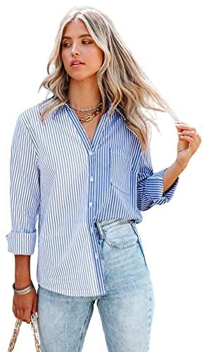 HEYPORK Damen Sommer Top Bluse Bequem Lässig Mode T-Shirt Blusen Frauen Frühjahr/Sommer Gestreift Druck Lange Ärmel Strickjacke Einreihig Shirt(Blau, L)