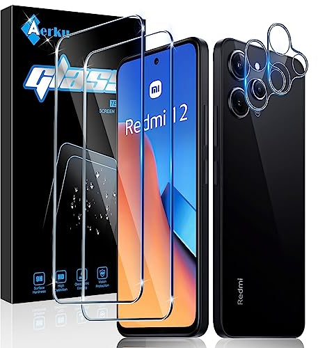 Aerku Verre Trempé pour Xiaomi Redmi 12 avec Caméra Arrière Protecteur [2+2 Pièces], Dureté 9H [Sans Bulles] [Ultra HD] Ultra Résistant Film Vitre Trempé Protection écran [Transparente]