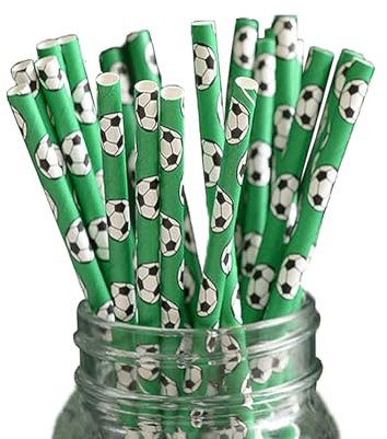 Berto Paper Straws 25pcs, Biodegradable Recyclable Drinking Straws for Wedding | Birthday Party Straws for Cocktail, Holiday, Coffee, Soda, Baby Shower Suppliers. (Green with Football)