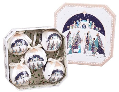 LOLAhome Caja Blanca de 5 Bolas Blancas y Azules de árbol de Navidad para decoración navideña Elegante | Caja Decorada con Reyes Magos con 5 Adornos para árbol de Navidad Redondos de 7,5 cm