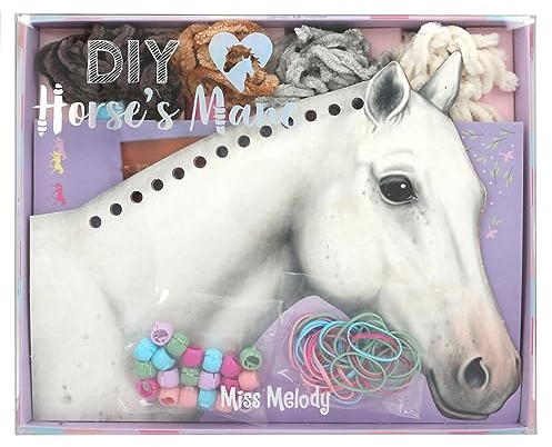 Depesche 12484 Miss Melody - Pferde Mähne flechten DIY-Set, inkl. 8 Kartonagen in Pferdekopf-Form, 4 Wollfäden sowie bunten Gummibändern und Clips, Schwarz