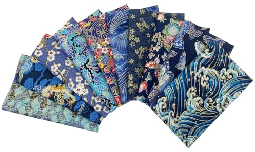 Jukway 10 Stücke Baumwollstoff Stoffbündel Nähstoffe Patchwork, 100% Baumwolle Stoff Gedruckt Muster Bronzierend Gold Blumen Stoffe zum Nähen Quilten Basteln DIY Dekoration (Blau)