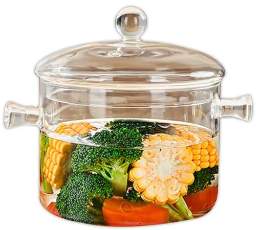 Wedhapy Ollas De Vidrio para Cocinar En La Estufa Olla De Vidrio Resistente Al Calor De 1,9 L/64 Oz, Olla De Vidrio De Alto Borosilicato con Tapa Y Asas, Segura para Sopa, Comida para Bebés