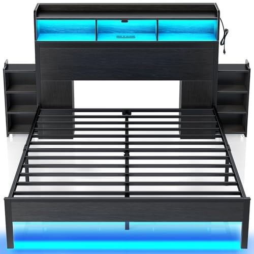 Rolanstar Bettrahmen in voller Größe mit Bücherregal-Aufbewahrung, Kopfteil, ausziehbarer Nachttisch, Bett mit Ladestation und LED-Lichtern, robuste Metalllamellen, kein Boxspringbett erforderlich,
