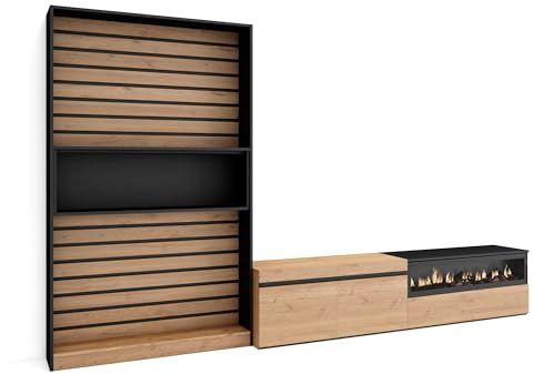 Skraut Home | Muebles de Salón para TV | Conjunto de Muebles Comedor | 210x186x35cm | para TV hasta 80 | Chimenea eléctrica | Estilo Moderno | Roble y Negro