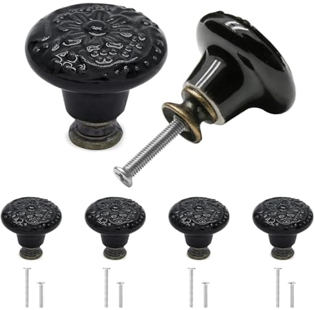 Misuyue 4pcs Ceramic Door Knobs, Black Cabinet Knobs, Vintage Drawers Knobs, 34mm Chic Antique Cupboard Knobs, Flower Pattern Round Wardrobe Knobs for Decorative Furniture