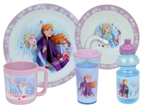 DISNEY REINE DES NIEGES LOT VAISSELLE POUR ENFANT AVEC 1 ASSIETTE CREUSE Ø 16 CM, 1 ASSIETTE Ø 22 CM, 1 MUG 350 ML, 1 GOURDE 350 ML ET 1 GOBELET PAILLE 400 ML - VAISSELLE REUTILISABLE