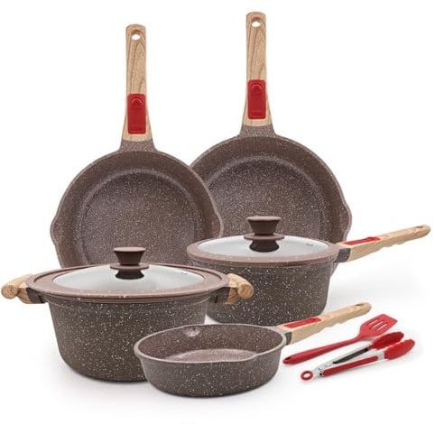 AIKENBBKK Juego de ollas y sartenes de cerámica de 9 piezas, sartén con tapa 20/24/28cm, cacerola 20cm, olla 4.7L, juego de ollas con revestimiento cerámico antiadherente y mango extraíble- Marrón