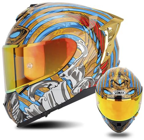 ZXJDP Integraler Motorradhelm Integralhelm DOT/ECE Doppelvisier Vollvisierhelm,Leichter Jethelm Roller-Helm Scooter-Helm Moped Mofa-Helm für Männer Frauen Unisex,Gold Blue,XL