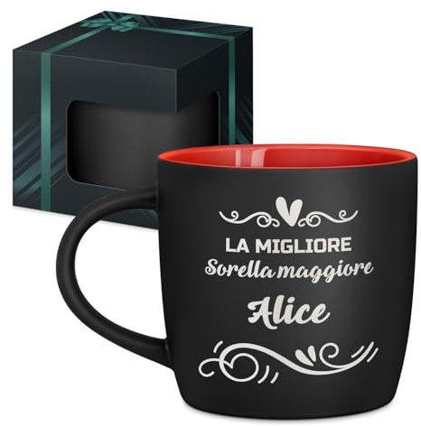 Maverton Tazza da caffè latte o tè in ceramica - 400 ml - Incisione personalizzata - Bicchiere con manico per bevande per Lei - Tazze da colazione per compleanno donna - Interno rosso - sorella