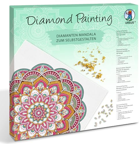 Ursus 43520011F - Diamond Painting Mandala Set 11, Bastelset mit Leinwand und Steinen in Rot-, Gelb- und Grüntönen