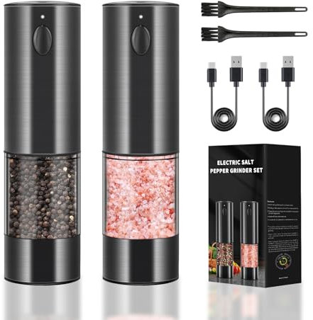 Electric Salt and Pepper Grinder Set,Haomacro USB Rechargeable Pepper Mill Salt Grinder,Pepper Grinder with Adjustable Coarseness,Refillable Salt and Pepper (Stainless Steel - Black)