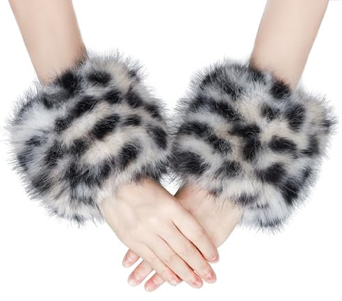 sy soul young Damen Kunstpelz Handgelenk Manschetten Winter Fuchs Pelz Armbänder Fluffy Pelz Manschette Pulswärmer Armwärmer Zubehör(Schwarz Leopard)