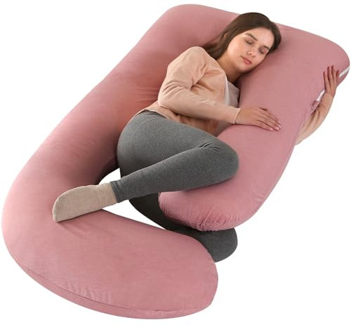 GKXLH Oreiller de grossesse doux – Oreiller de grossesse pour soutien du dos, du ventre, des hanches, des jambes, en forme de J pour femme enceinte avec housse amovible (rose rafraîchissant)