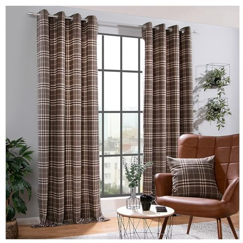 heimtexland ® Ösenschal Cosy mit Woll-Charakter Blickdicht Tartan kariert HxB 240x135 Vorhang Schotten-Karo Deko Gardine Typ899 Khaki-rosa