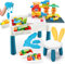 COO11 Kids 85 PCs Building Blocks, Table Chair Set, Construct Race Track Playset, 2 x 500g Magic Motion Sand Large Storage Space Stable Non-Slip Activity Learning Table for Toddlers Ages 3+