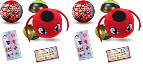 Miraculous Ladybug, 4-1 Überraschungs-Miraball, Spielzeug für Kinder mit Sammelfigur, Metallball, Kwami-Plüsch, glitzernden Aufklebern und weißem Band (Wyncor), 1 Stück (Packung mit 2)