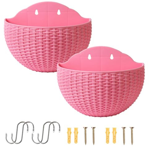 Senda Wall Mounted Hanging Planters, 2 Pcs Half Round Plastic Flower Pot Plants Basket with Drainage and 4 Hooks, 4 Screws for Garden Patio Balcony Fence (Pink)