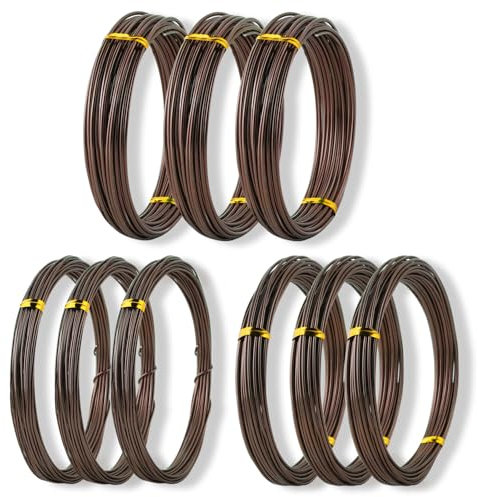 SANFERGE Bonsai Wire Set - 9 Rolls (Total 295 Feet) Anodised Aluminium Wire, 1.0mm, 1.5mm, 2.0mm - Wire for Shaping Branches and Trunks, Ideal for Beginners and Professionals - Brown