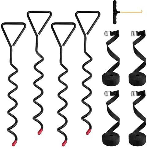 Absyrony Lot de 4 Piquets d'ancrage Spiralés, Ancrage au Sol, Accessoire de Fixation, Ancrages de Sol pour Trampoline avec 4 Sangles Solides, pour Trampoline Jardin Camp Balançoire– 40 cm, (Noire)
