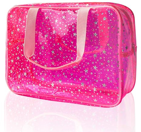 TotePrint Clear Star Print Cosmetic Bag, PVC Waterproof Travel Makeup Pouch,Large Clear Travel Toiletry Bag,30 x 13 x 21.6 cm(Pink)