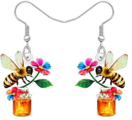 BONSNY Cute Orange Honey Bee Flower Dangle Earrings, Colorful Floral Design with Honey Jar, Funny Novelty Hypoallergenic Jewellery Gifts For Women Spring Summer Accessories