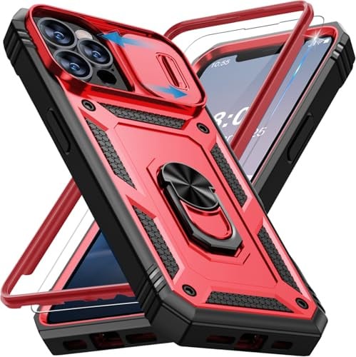 Giyer Handyhülle für iPhone 13 Pro Hülle mit Schutzfolie, Panzerhülle Case mit Kameraschutz 360° Metall Ring Ständer Stoßfest Bumper Schutzhülle für iPhone 13 Pro Cover Tache (Rot)
