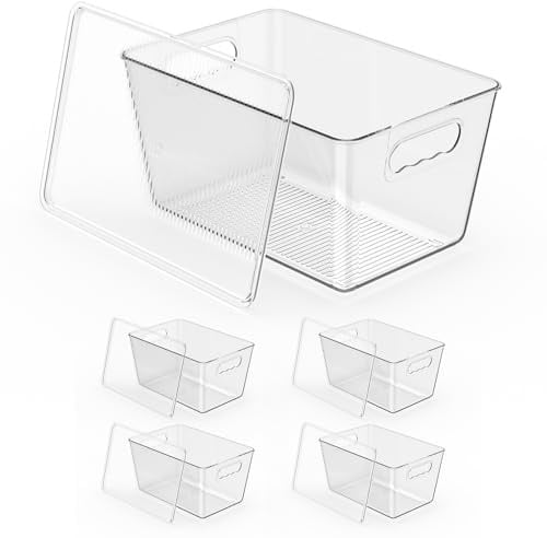 Kühlschrank Organizer Set, Durchsichtig Aufbewahrungsbox mit Griffen, Organizer-Boxen für Kühlschrank, Schrank, Speisekammer, Snacks, Dosen (4 Stück mit Deckel, L(29x19x15CM))
