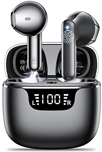 Godyse Bluetooth-Kopfhörer, kabellos, Bluetooth 5.1, mit 4 ENC, Geräuschunterdrückung, Mikrofon, IPX7, wasserdicht, HiFi, Stereo, Touchscreen, kabellose Kopfhörer, 28 Stunden, für iOS Android, Weiß