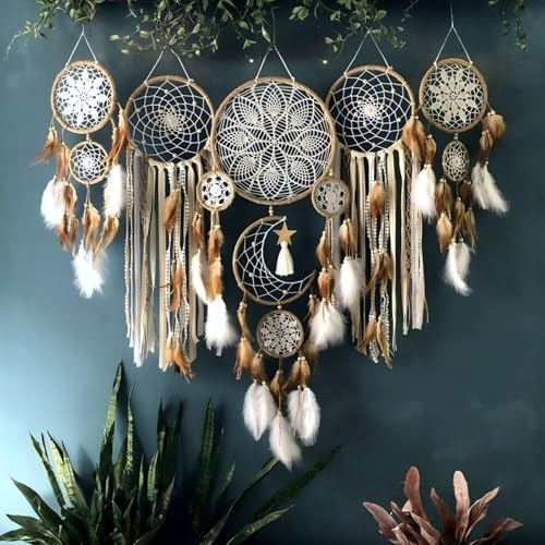 Dream Catcher Wall Decor,Large Boho Dream Catcher with Luxurious Feathers & Beads, Handmade Wall Hanging for Bedroom,Living Room, Gift Ready for Girls & Adults (Camel)